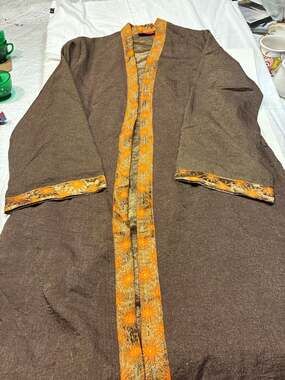 Serrahna Women's Silk Brocade Long Open Front Kimono Jacket, Brown and Gold